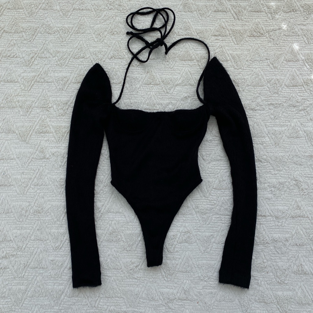 Laquan Smith Black Fuzzy Halter Neck Bodysuit — image 2 of 6